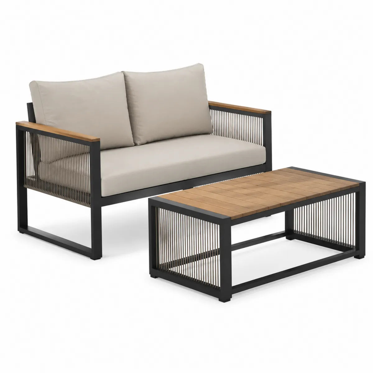 Zestaw ogrodowy sofa dwuosobowa z poduszkami i stolik kawowy metal drewno beżowy