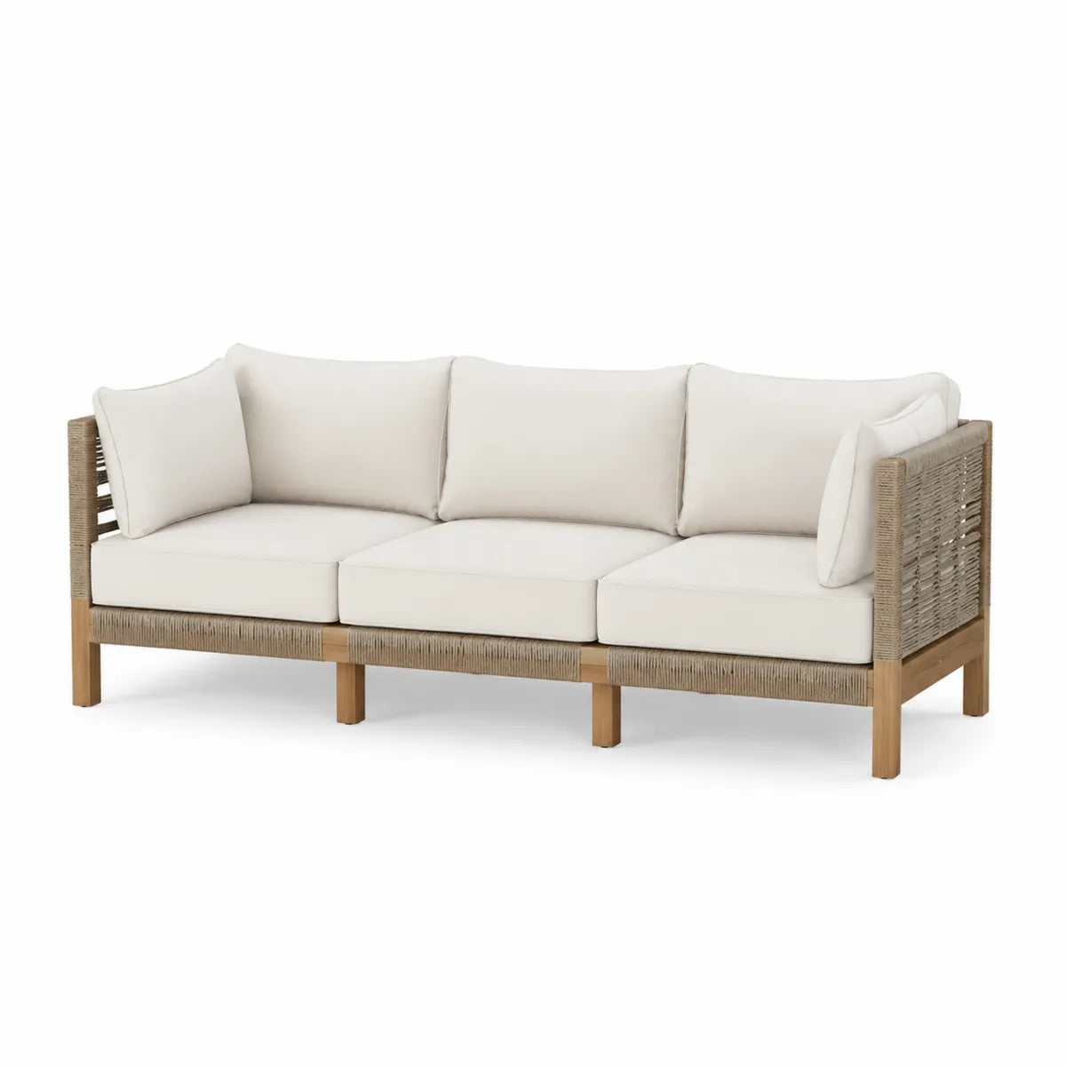 Sofa trzyosobowa z drewna i technorattanu, kremowa
