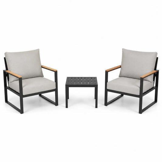 Zestaw ogrodowy aluminium, drewno teak, poduszki szare 2 krzesła i stolik