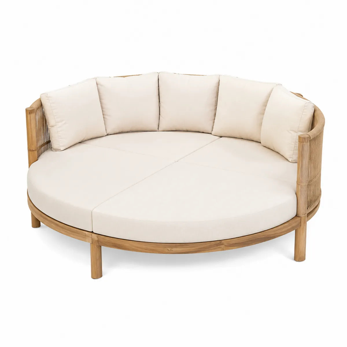 Okrągła sofa z drewna teakowego i poduszkami poliestrowymi, beżowa, 200 cm