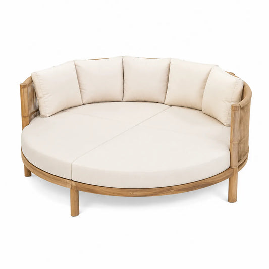 Okrągła sofa z drewna teakowego i poduszkami poliestrowymi, beżowa, 200 cm