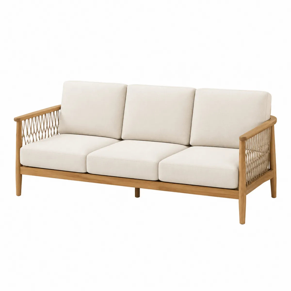Drewniana sofa ogrodowa trzyosobowa z plecionką z teaku i beżowym poliestrem