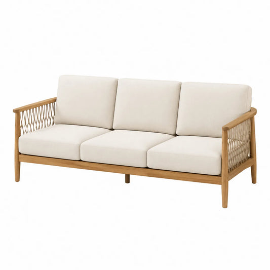 Drewniana sofa ogrodowa trzyosobowa z plecionką z teaku i beżowym poliestrem
