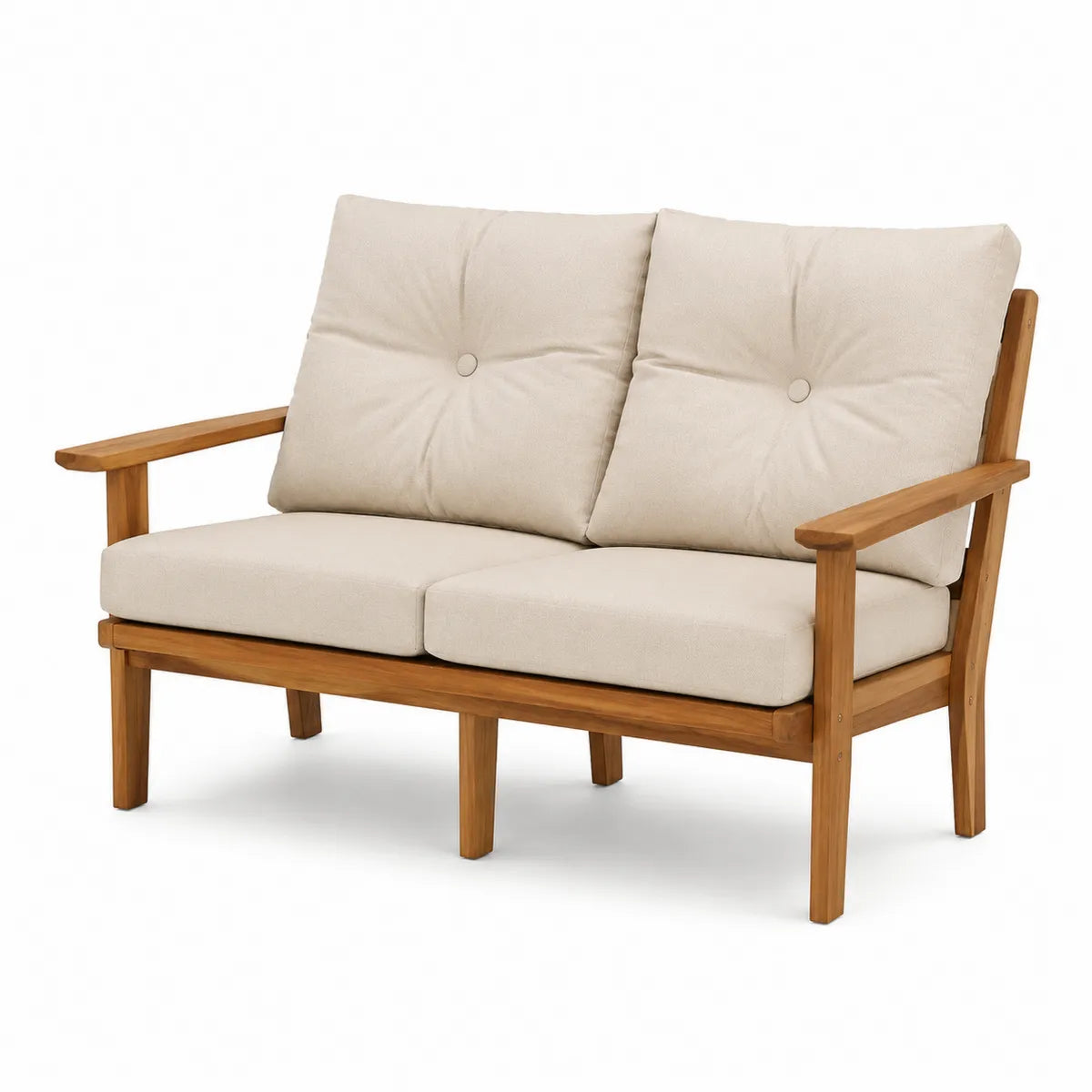 Dwuosobowa sofa z drewna tekowego z beżowymi poduszkami