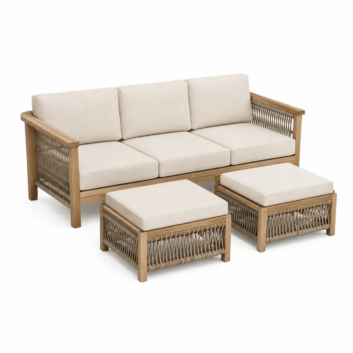 Sofa ogrodowa 3-osobowa z drewna teak i 2 pufy beżowe