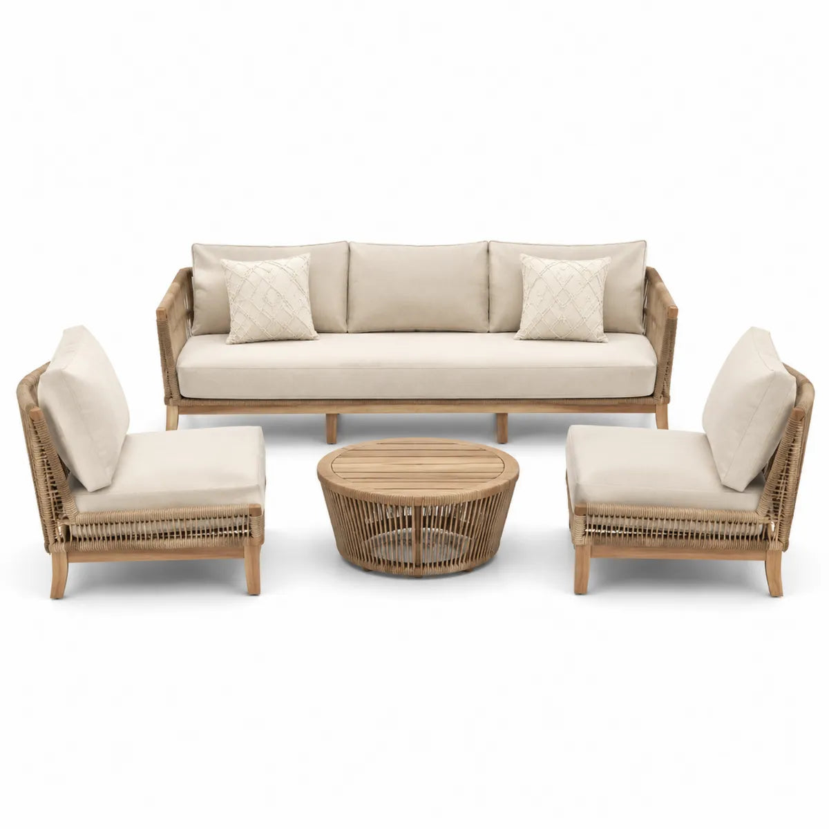 Zestaw mebli ogrodowych z drewna teak, beżowy: sofa, fotele, stolik