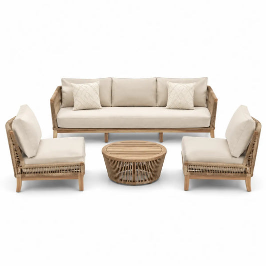 Zestaw mebli ogrodowych z drewna teak, beżowy: sofa, fotele, stolik