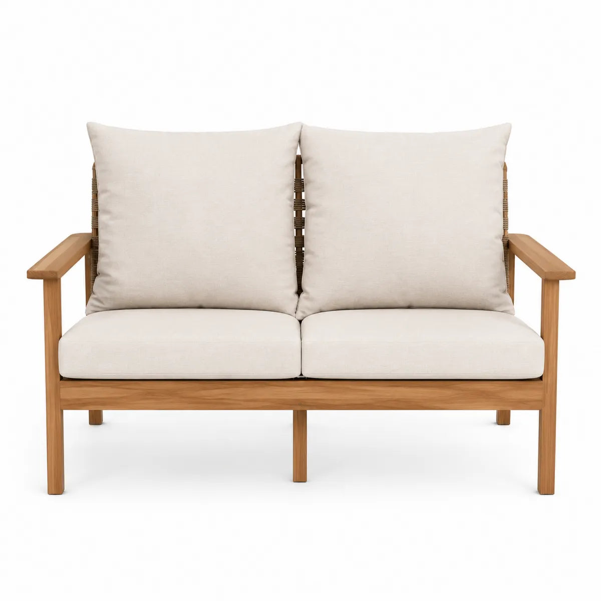 Dwuosobowa sofa z drewna akacjowego i poliestru, beżowa, 130 cm